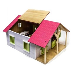 Kids Globe Houten paardenstal met 2 stallen en garage Roze (1:24)