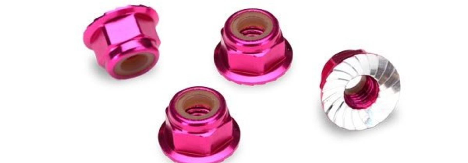 NUTS, 4MM FLANGED NYLON LOCKING (ALUMINIUM, PINK ANODIZED, TRX1747P