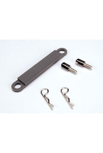 Battery hold-down plate (grey) / metal posts (2) / body clip, TRX3727A