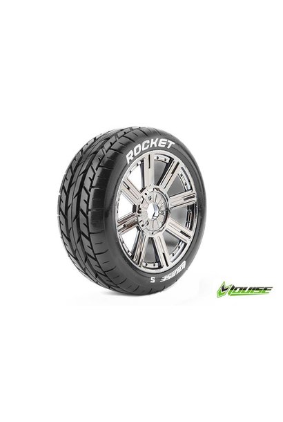 Louise RC - B-ROCKET - 1-8 Buggy Tire Set - Mounted - Soft - Black-Chrome Spoke Rims - Hex 17mm - L-T3190SBC