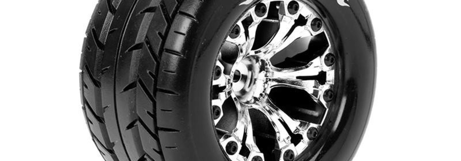 Louise RC - MT-ROCKET - 1-10 Monster Truck Tire Set - Mounted - Sport - Chrome 2.8 Rims - 1/2-Offset - Hex 12mm - L-T3201SCH