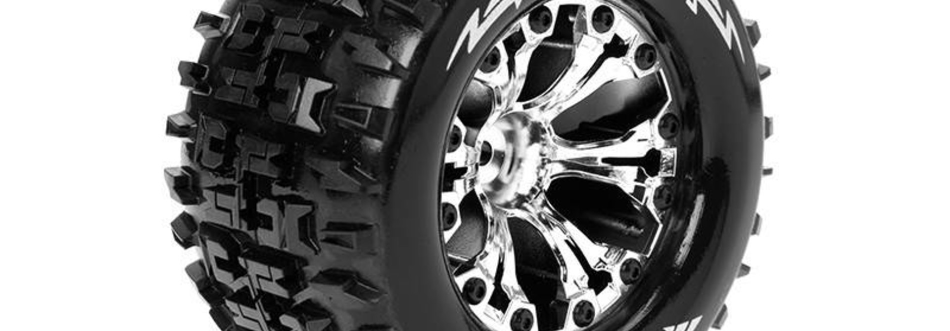 Louise RC - MT-SPIDER - 1-10 Monster Truck Tire Set - Mounted - Sport - Chrome 2.8 Rims - 0-Offset - Hex 12mm - L-T3203SC