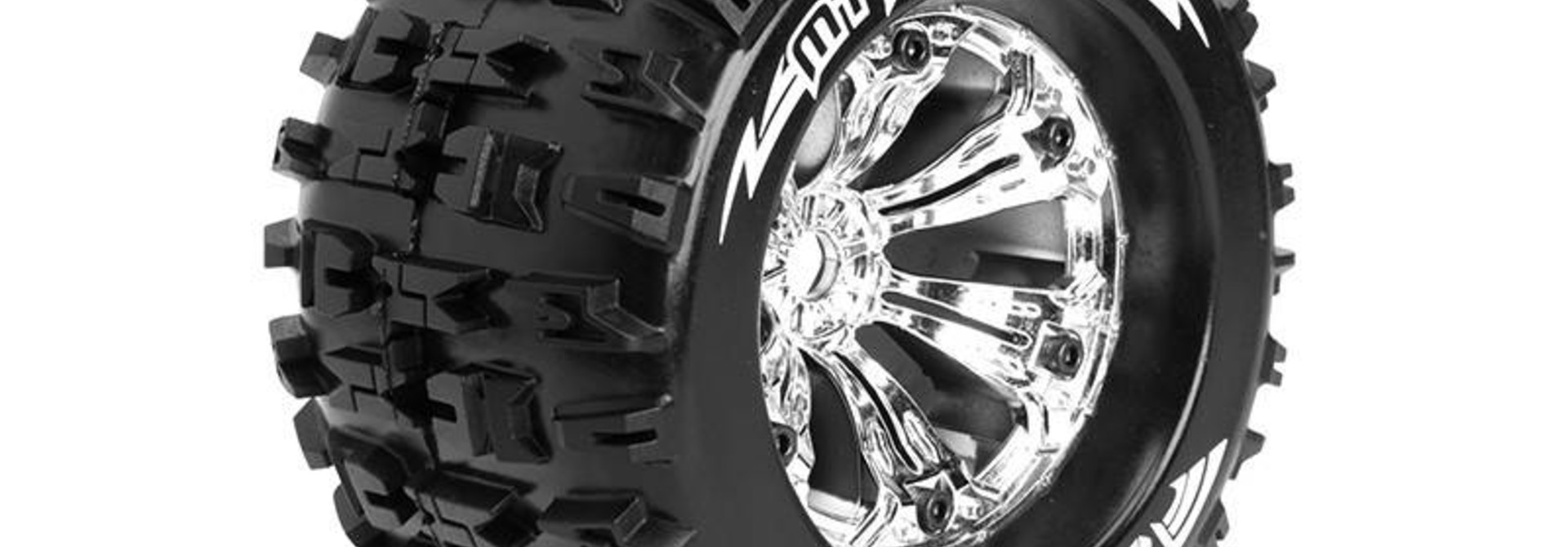 Louise RC - MT-PIONEER - 1-8 Monster Truck Tire Set - Mounted - Sport - Chrome 3.8 Rims - 1/2-Offset - Hex 17mm - L-T3218CH