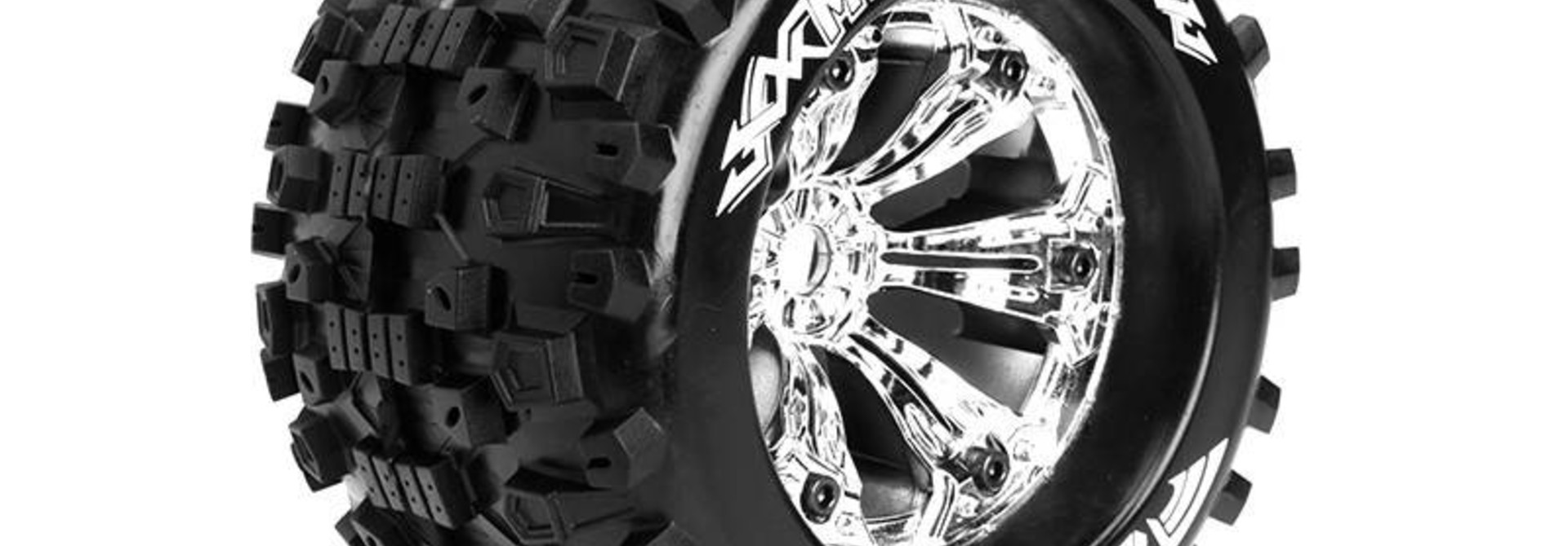 Louise RC - MT-UPHILL - 1-8 Monster Truck Tire Set - Mounted - Sport - Chrome 3.8 Rims - 1/2-Offset - Hex 17mm - L-T3219CH