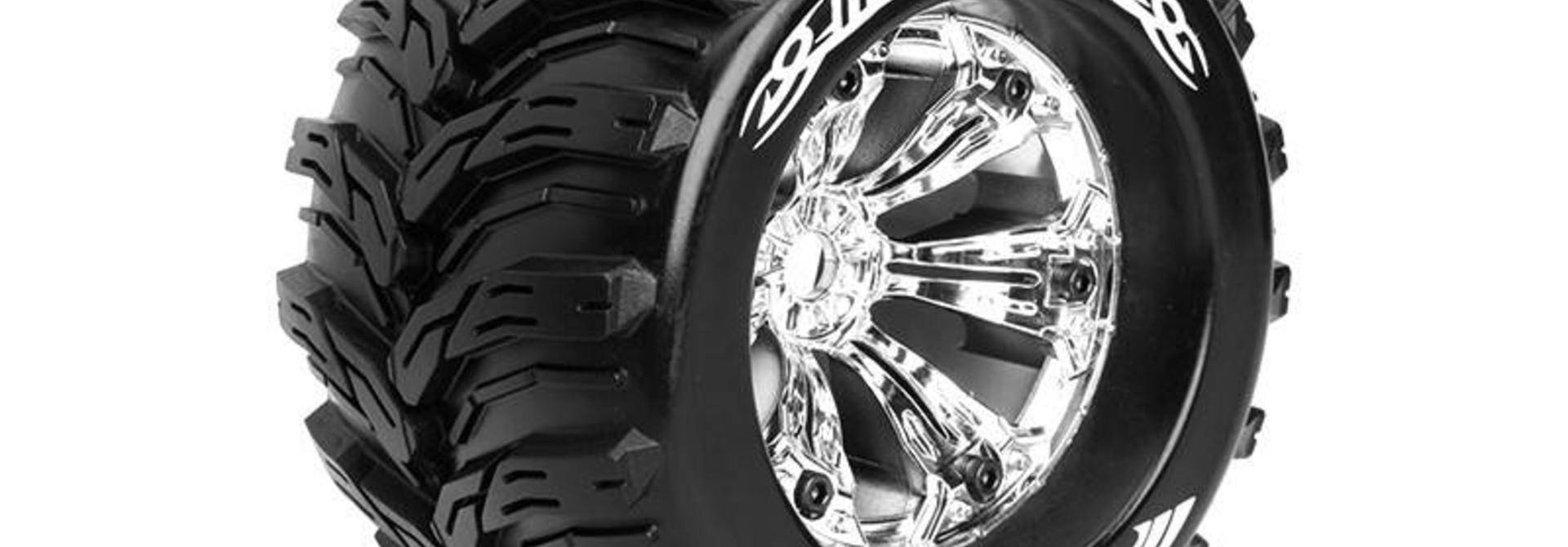 Louise RC - MT-CYCLONE - 1-8 Monster Truck Tire Set - Mounted - Sport - Chrome 3.8 Rims - 1/2-Offset  - Hex 17mm - L-T3220CH