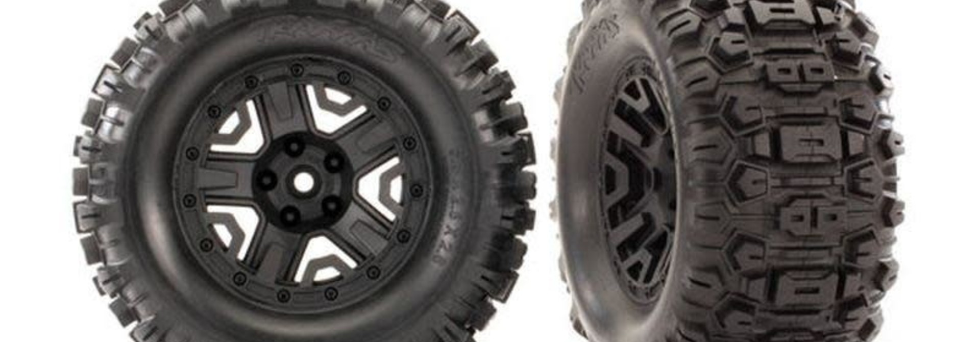 TIRES & WHEELS, ASSEMBLED, GLUED (2.8") RUSTLER® 4X4 BLACK WHEELS, SLEDGEHAMMER