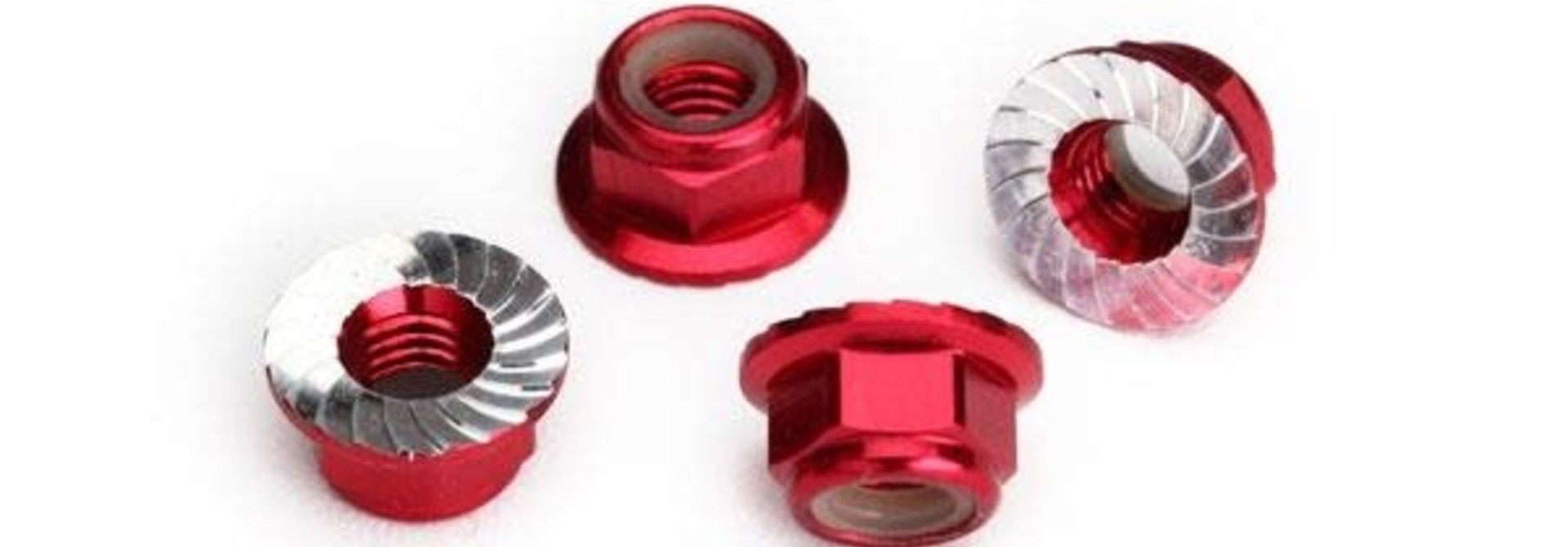 Nuts, 5mm flanged nylon locking (aluminum, red-anodized, serrated) (4)