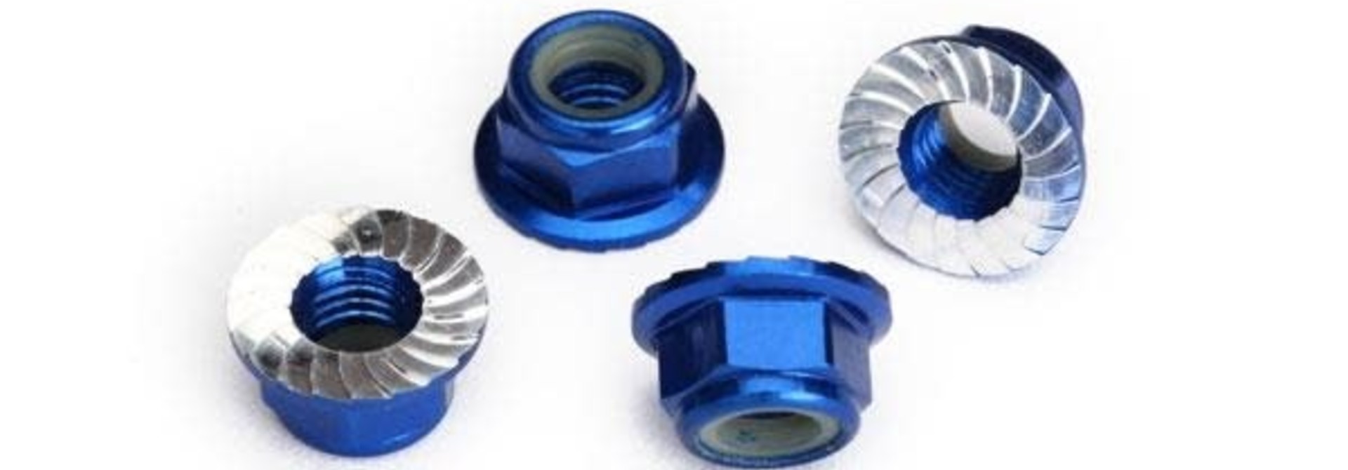 Nuts, 5mm flanged nylon locking (aluminum, blue-anodized, serrated) (4)