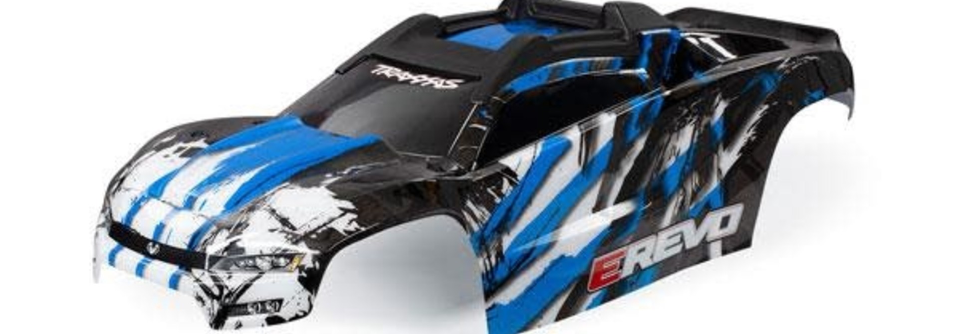 BODY, E-REVO, BLUE/ WINDOW, GRILLE, LIGHTS DECAL SHEET (ASSEMBLED WITH FRONT & REAR BODY MOUNTS AND REAR BODY SUPPORT FOR CLIPLESS MOUNTING)