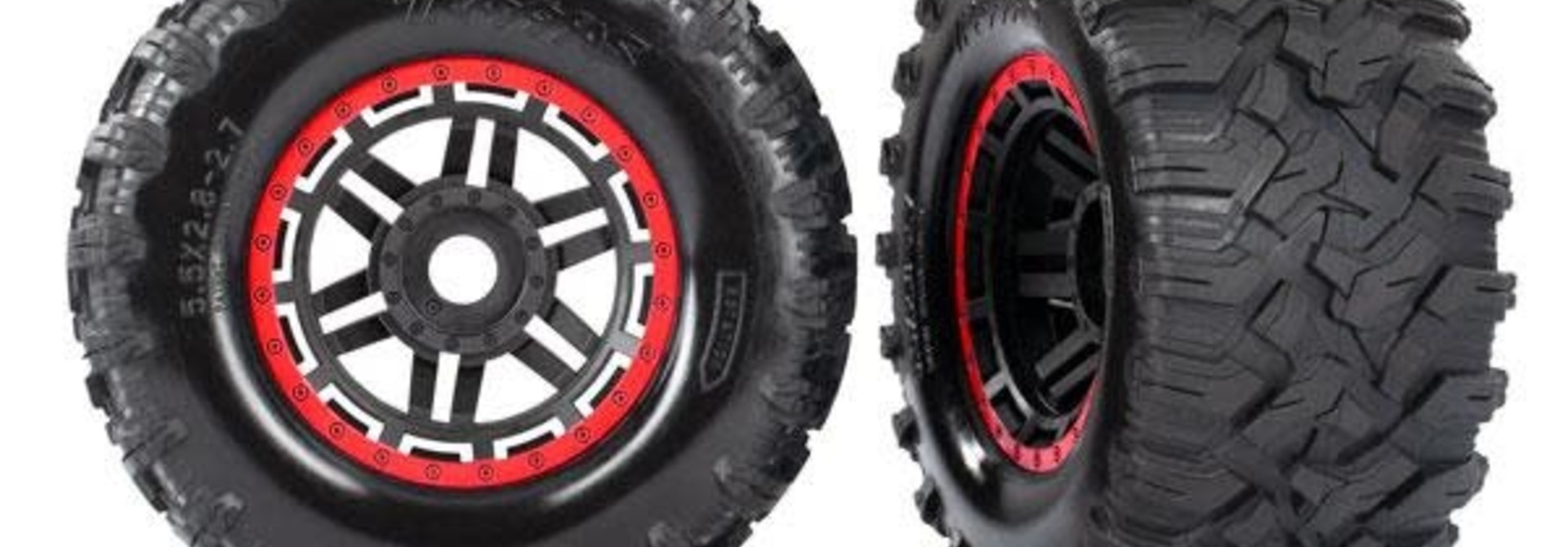 Tires & wheels, assembled, glued (black, red beadlock style wheels, Maxx MT tire