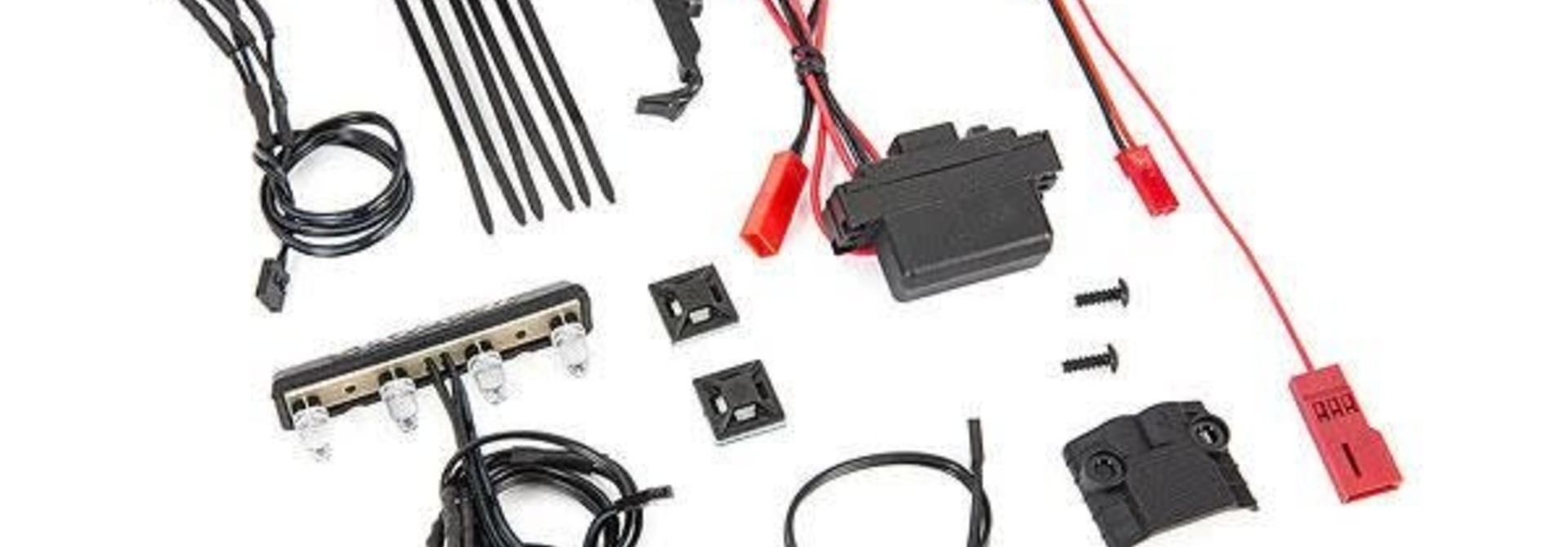 LLED light kit, 1/16th Summit (power supply, chrome lightbar, roof light harness (4 clear, 2 red), chassis harness (4 clear, 2 red), wire ties, mounts)