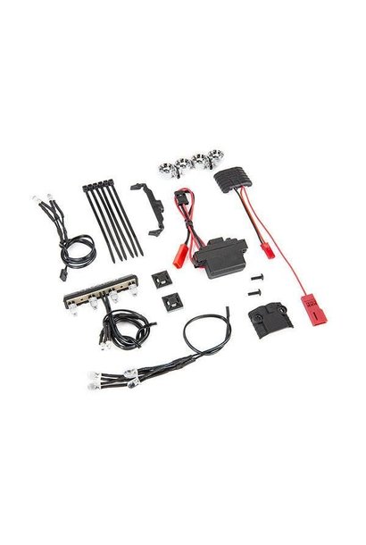 LLED light kit, 1/16th Summit (power supply, chrome lightbar, roof light harness (4 clear, 2 red), chassis harness (4 clear, 2 red), wire ties, mounts)