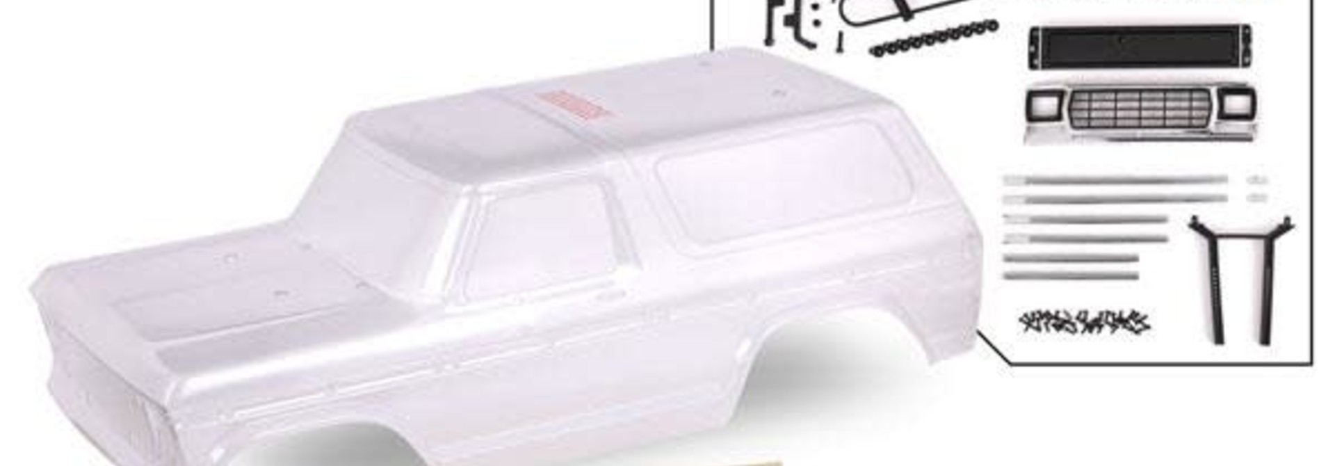 Body, Ford Bronco (1979), complete (clear, trimmed, requires painting) (includes grille, side mirrors, door handles, windshield wipers, spare tire mount, decals, window masks) (requires #8072 inner fenders)