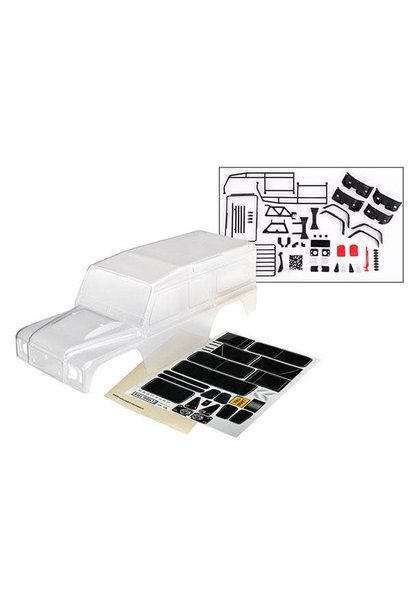 Body, Land Rover Defender, complete (clear, trimmed, requires painting) (includes grille, side mirrors, door handles, windshield wipers, ExoCage, spare tire mount, decals, window masks)