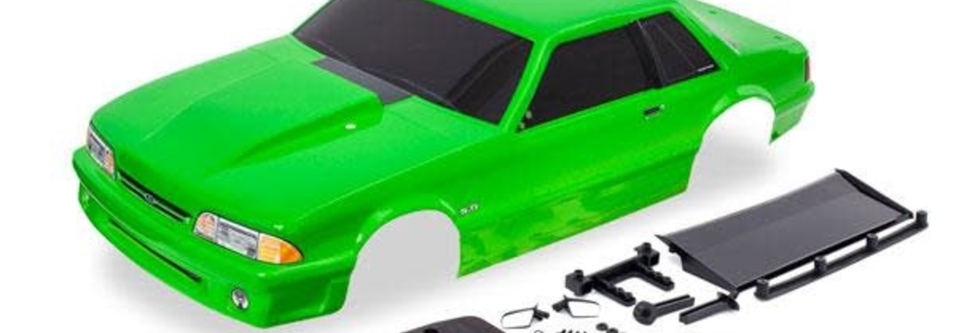 Body, Ford Mustang, Fox Body, green (painted, decals applied) (includes side mirrors, wing, wing retainer, rear body mount posts, foam body bumper, & mounting hardware)