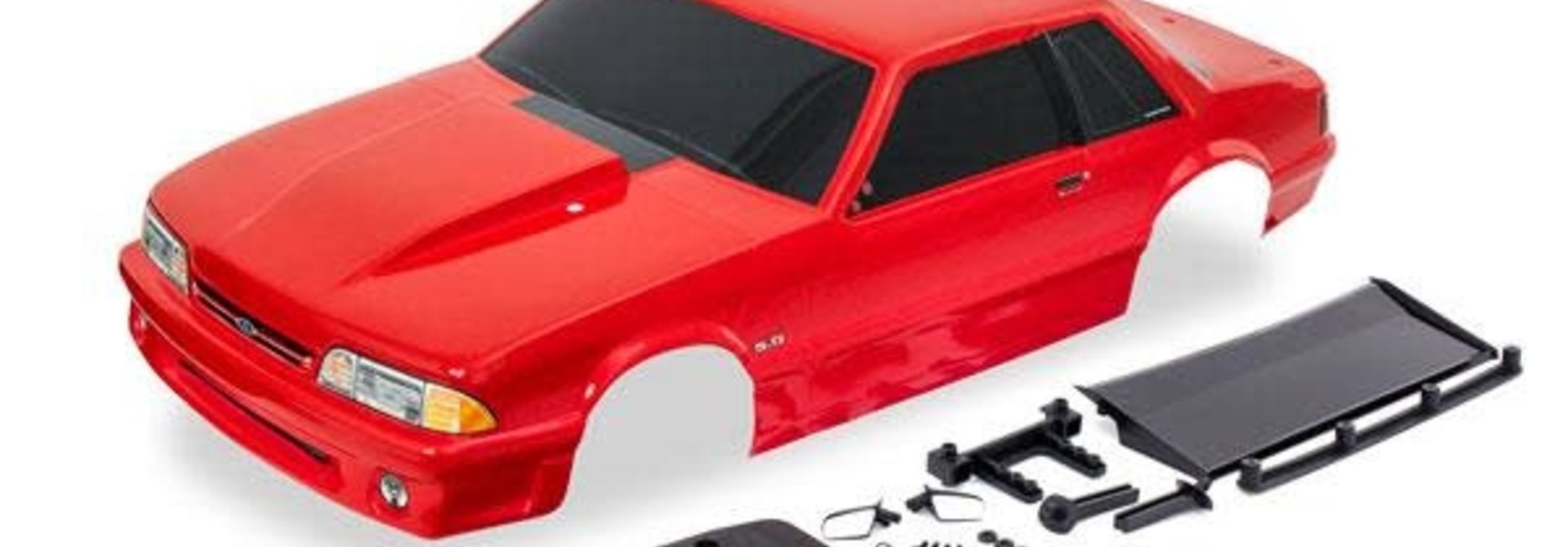 Body, Ford Mustang, Fox Body, red (painted, decals applied) (includes side mirrors, wing, wing retainer, rear body mount posts, foam body bumper, & mounting hardware)