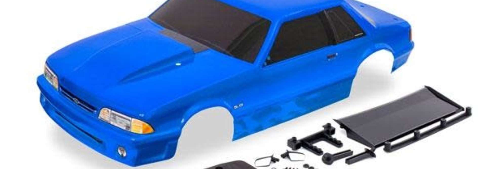 Body, Ford Mustang, Fox Body, blue (painted, decals applied) (includes side mirrors, wing, wing retainer, rear body mount posts, foam body bumper, & mounting hardware)