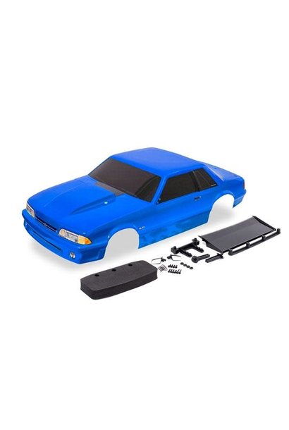 Body, Ford Mustang, Fox Body, blue (painted, decals applied) (includes side mirrors, wing, wing retainer, rear body mount posts, foam body bumper, & mounting hardware)