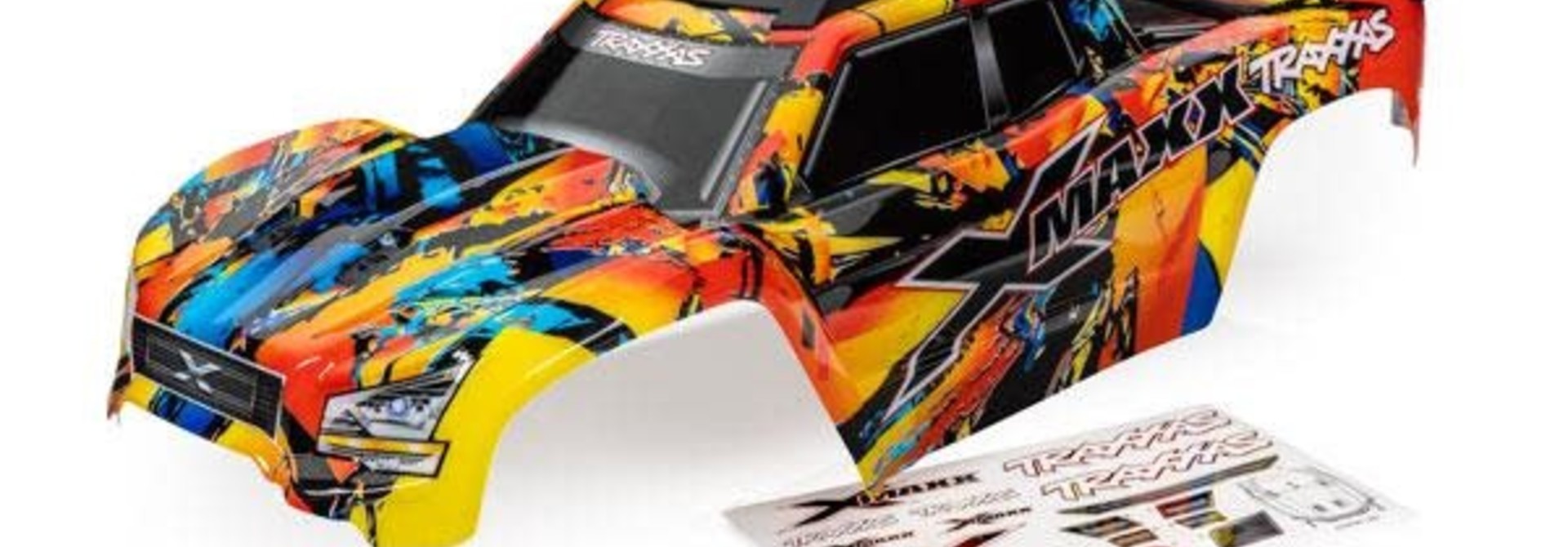 Body, X-Maxx®, Solar Flare (painted, decals applied) (assembled with front & rear body mounts, roof skid plate, rear body support, and tailgate protector)
