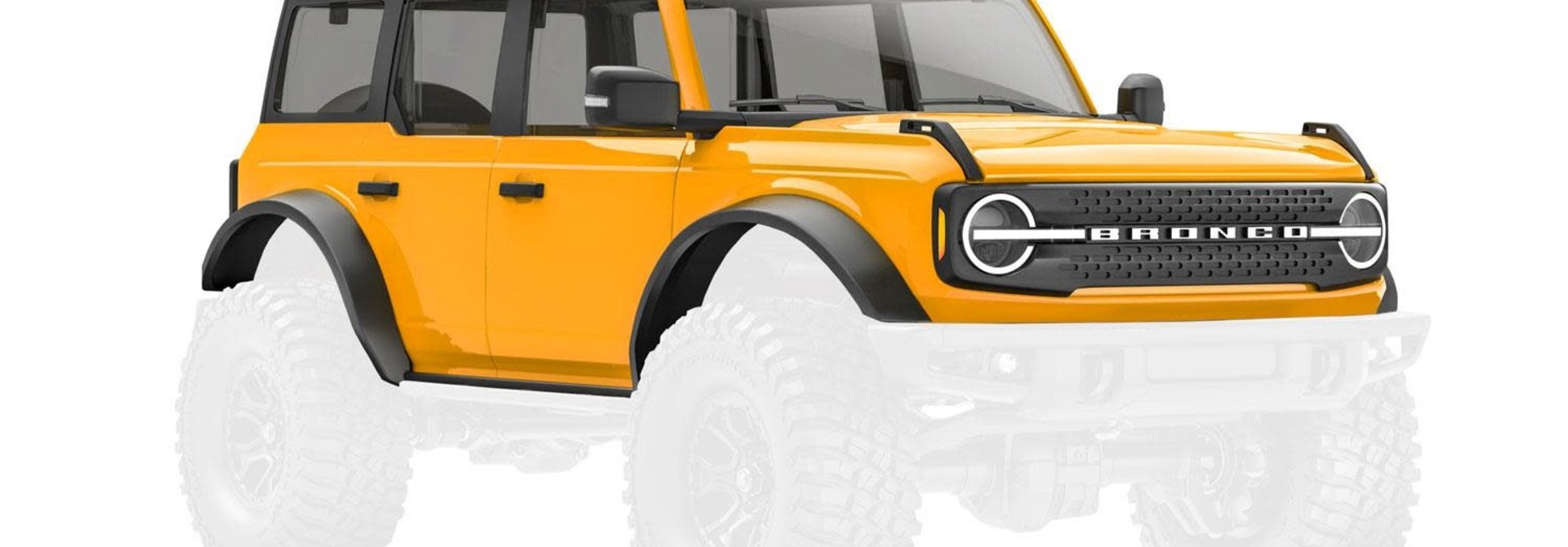 Body, Ford Bronco, complete, Cyber Orange (includes grille, side mirrors, door handles, fender flares, windshield wipers, spare tire mount, & clipless mounting)