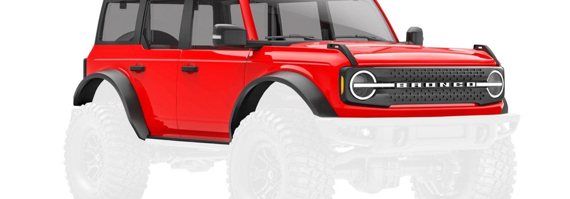 Body, Ford Bronco (2021), complete, red (includes grille, side mirrors, door handles, fender flares, windshield wipers, spare tire mount, & clipless mounting)