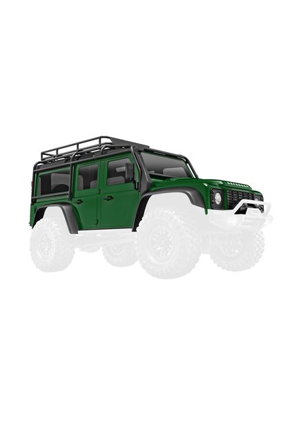 Body, Land Rover Defender, complete, green (includes grille, side mirrors, door handles, fender flares, windshield wipers, spare tire mount, & clipless mounting)