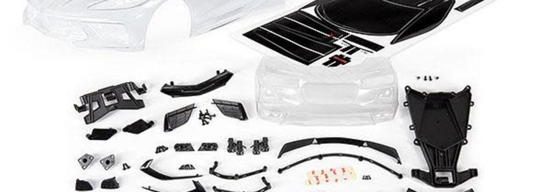 Body, Chevrolet Corvette Stingray (clear, trimmed, requires painting)/ decal sheet (includes side mirrors, spoiler, grilles, vents, hardware, & clipless mounting)