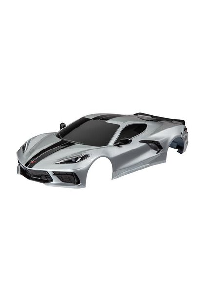 Body, Chevrolet Corvette Stingray, complete (silver) (painted, decals applied) (includes side mirrors, spoiler, grilles, vents, & clipless mounting)