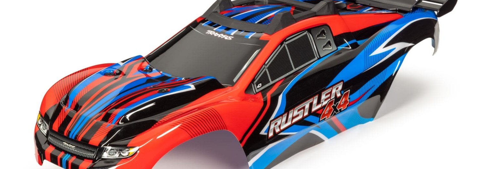 Body, Rustler 4X4, red & blue/ window, grille, lights decal sheet (assembled with front & rear body mounts and rear body support for clipless mounting)