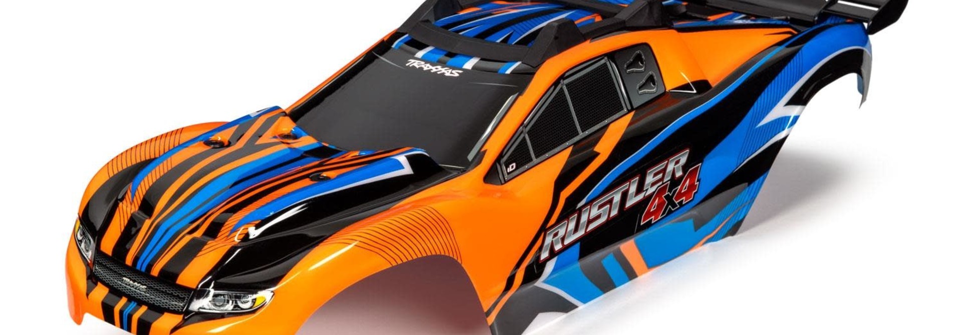 Body, Rustler 4X4, orange & blue/ window, grille, lights decal sheet (assembled with front & rear body mounts and rear body support for clipless mounting)