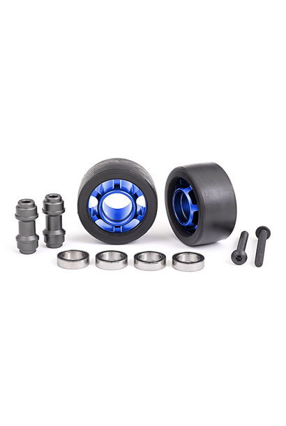 Wheels, wheelie bar, 6061-T6 aluminum (blue-anodized) (2)/ axle, wheelie bar, 6061-T6 aluminum (2)/ 10x15x4 ball bearings (4)