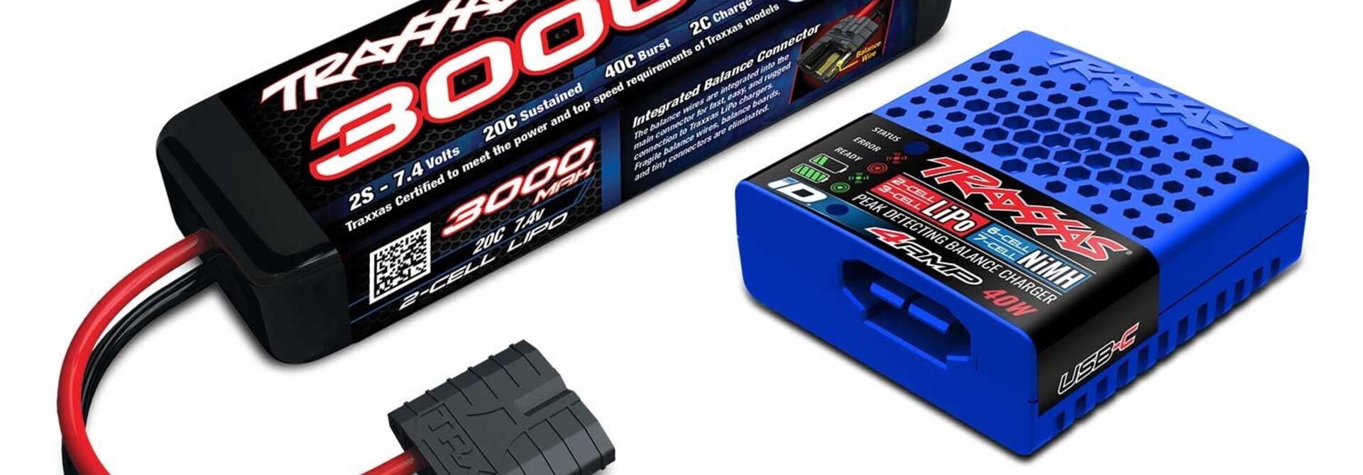 Battery/charger completer pack (includes #2985 USB-C NiMH/LiPo iD charger (1), #2827X 3000mAh 7.4V 2-cell 20C LiPo iD Ba