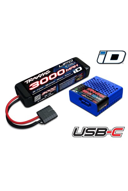 Battery/charger completer pack (includes #2985 USB-C NiMH/LiPo iD charger (1), #2827X 3000mAh 7.4V 2-cell 20C LiPo iD Ba