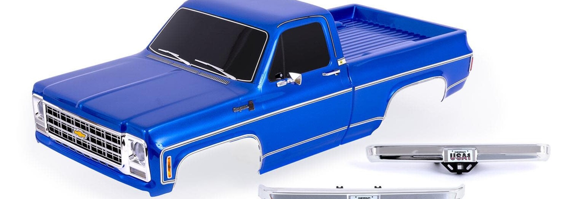 Body, Chevrolet K10 Truck (1979), complete, blue (painted, decals applied) (includes grille, side mirrors, door handles, windshield wipers, front & rear bumpers, clipless mounting) (requires #9288 inner fenders)