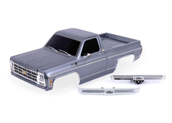 Body, Chevrolet K10 Truck (1979), complete, silver (painted, decals applied) (includes grille, side mirrors, door handles, windshield wipers, front & rear bumpers, clipless mounting) (requires #9288 inner fenders)-1