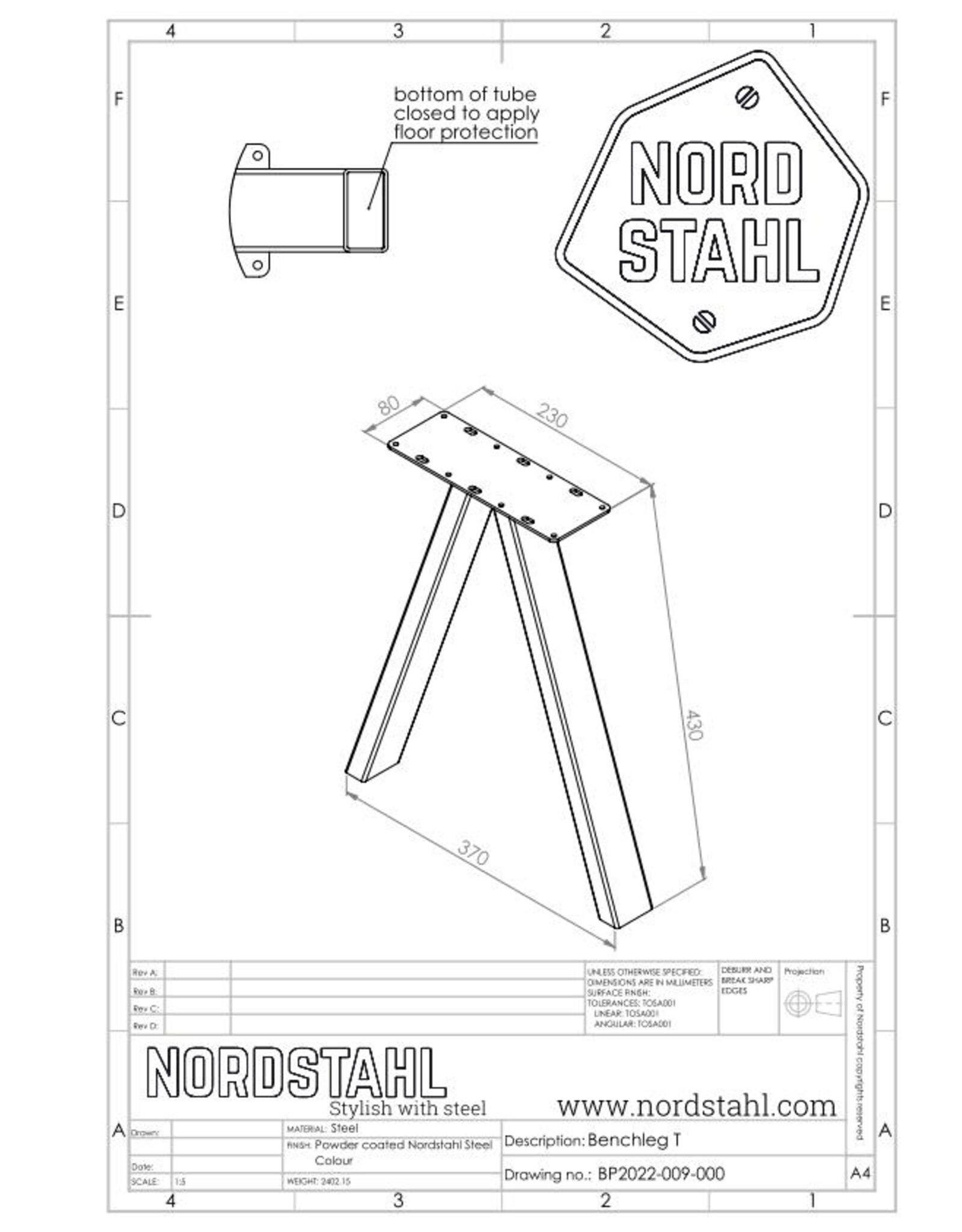 Nordstahl Stalen bankpoot T wit