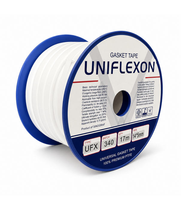 Heat Shieldings 260 °C  | 14 mm x  5 mm x 17 m | Uniflexon UFX:  ePTFE Dichtungsband mit Klebeschicht