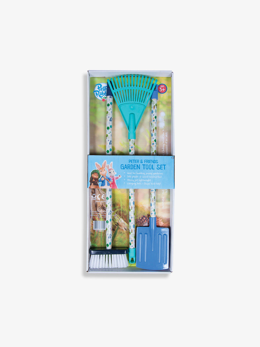Peter Rabbit Outdoor Kindertuingereedschap met bezem, hark en schop Pieter Konijn (set van 3)