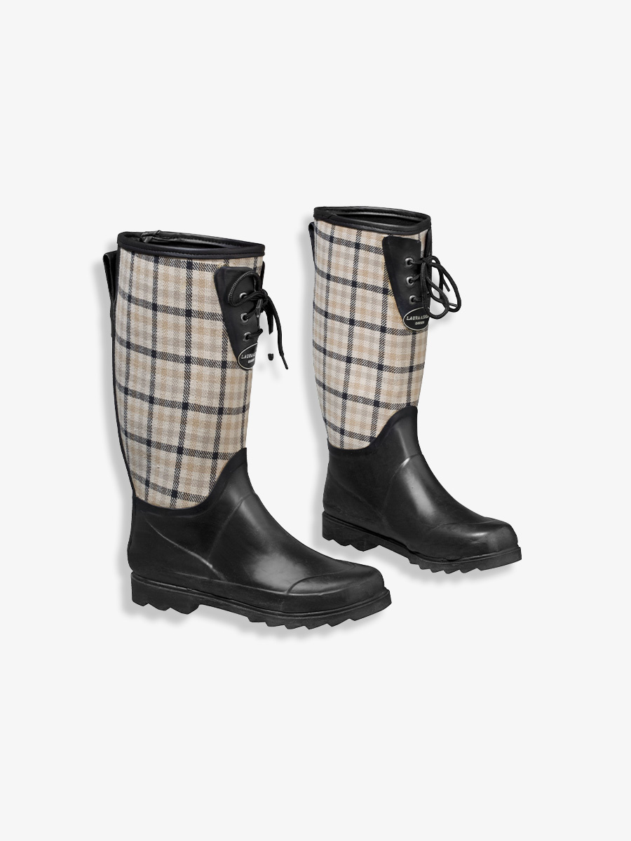 Laura Ashley Tuinlaarzen: Wellingtons Mitford Check Charcoal Biscuit