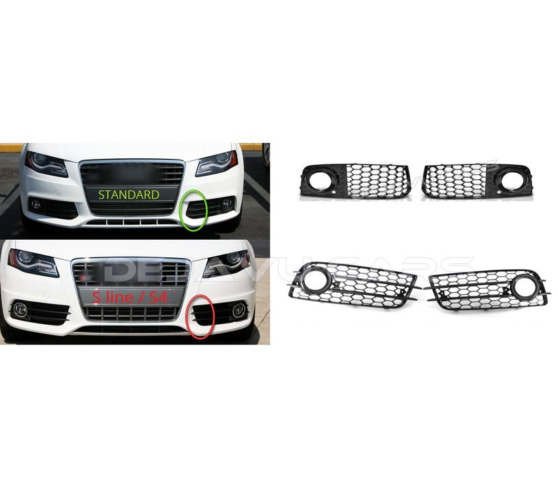 RS4 Look Front Grill Black Edition + Mistlamp Roosters voor Audi A4 / S4 / S line