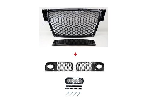 OEM Line ® RS4 Look Front Grill Black Edition + Fog Light Grilles for Audi A4 / S4 / S line