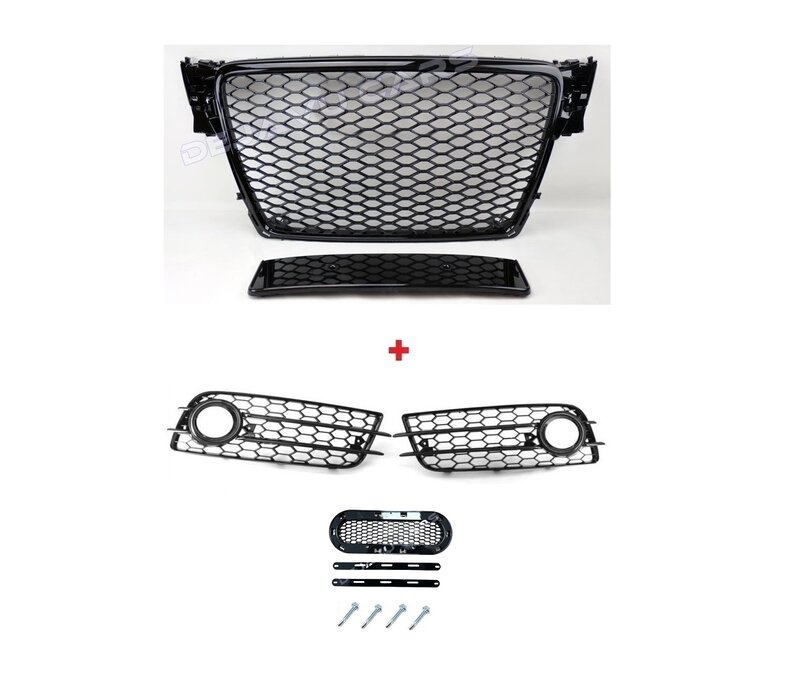 RS4 Look Kühlergrill Black Edition + Nebelscheinwerfer Blenden für Audi A4 / S4 / S line