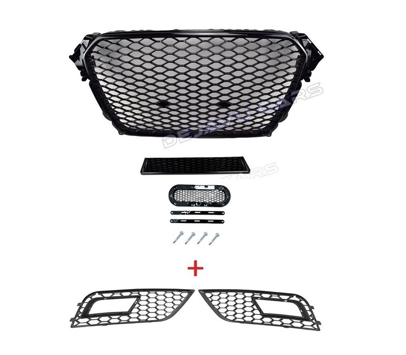 RS4 Look Front Grill Black Edition + Mistlamp Roosters voor Audi A4 B8.5