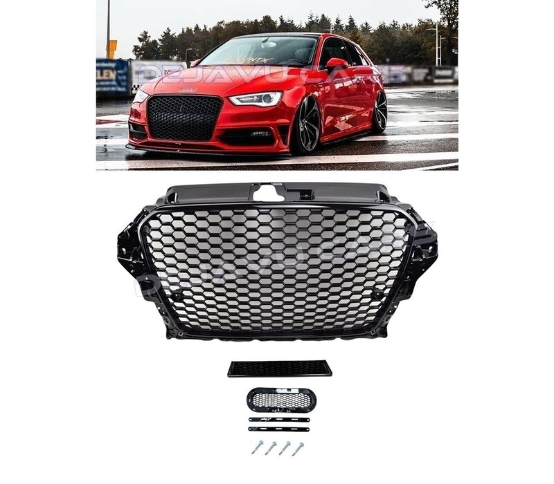 RS3 Look Frontgrill Glans zwart Piano Black Edition voor Audi A3 8V, S-line, S3