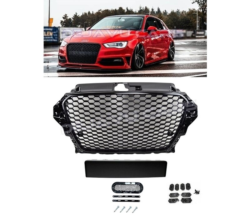 RS3 Look Frontgrill Glans zwart Piano Black Edition voor Audi A3 8V, S-line, S3