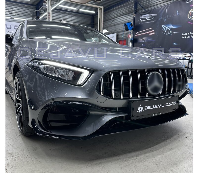 Diffuseur Arrière + Embouts échappement Pour Mercedes Classe A W177 (AMG Line) - Look A45, Plastique ABS Noir Brillant, Acier Inoxydable