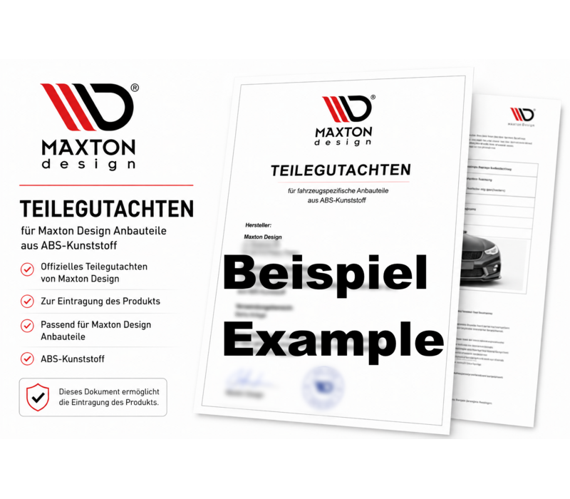 Maxton Design TÜV Teilegutachten Materialgutachten for Splitter Diffuser Side Skirts Spoiler