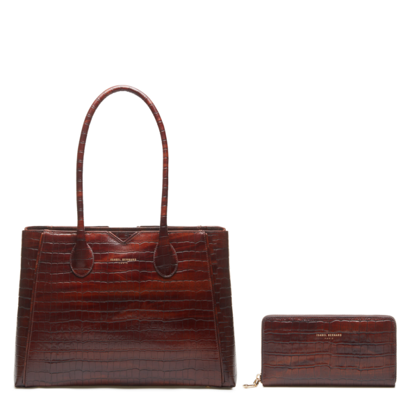Isabel Bernard Cadeau d'Isabel croco brown leather handbag and wallet gift set