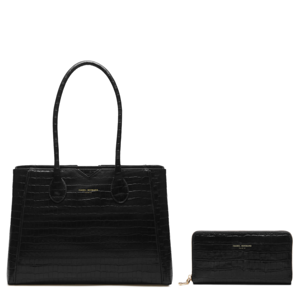 Isabel Bernard Cadeau d'Isabel borsetta e portafoglio in pelle nero croco set regalo