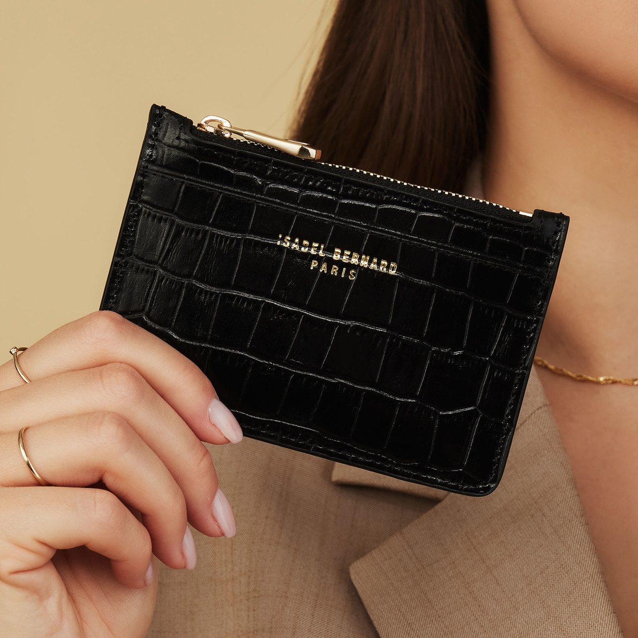 Isabel Bernard Honoré Aveline croco black calfskin leather card holder